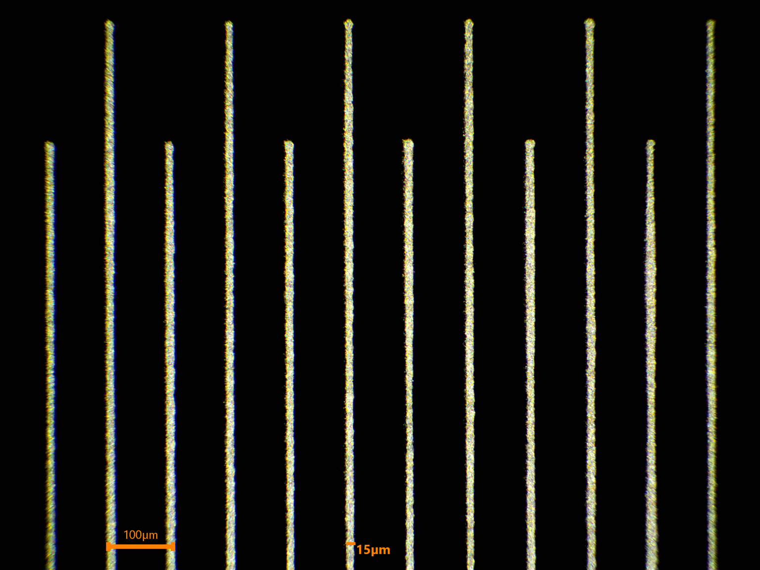 Micrograph of 15 micron wide silver nanoparticle traces printed with IDS NanoJet aerosol printer